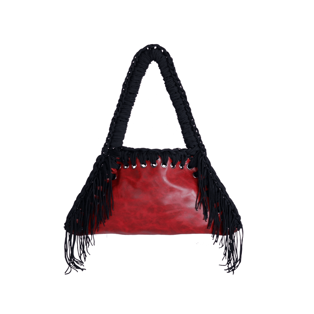 fronte borsa all'uncinetto fatta a mano modello MORGANA lava con frange laterali, similpelle effetto vintage rosso - MUSUBI