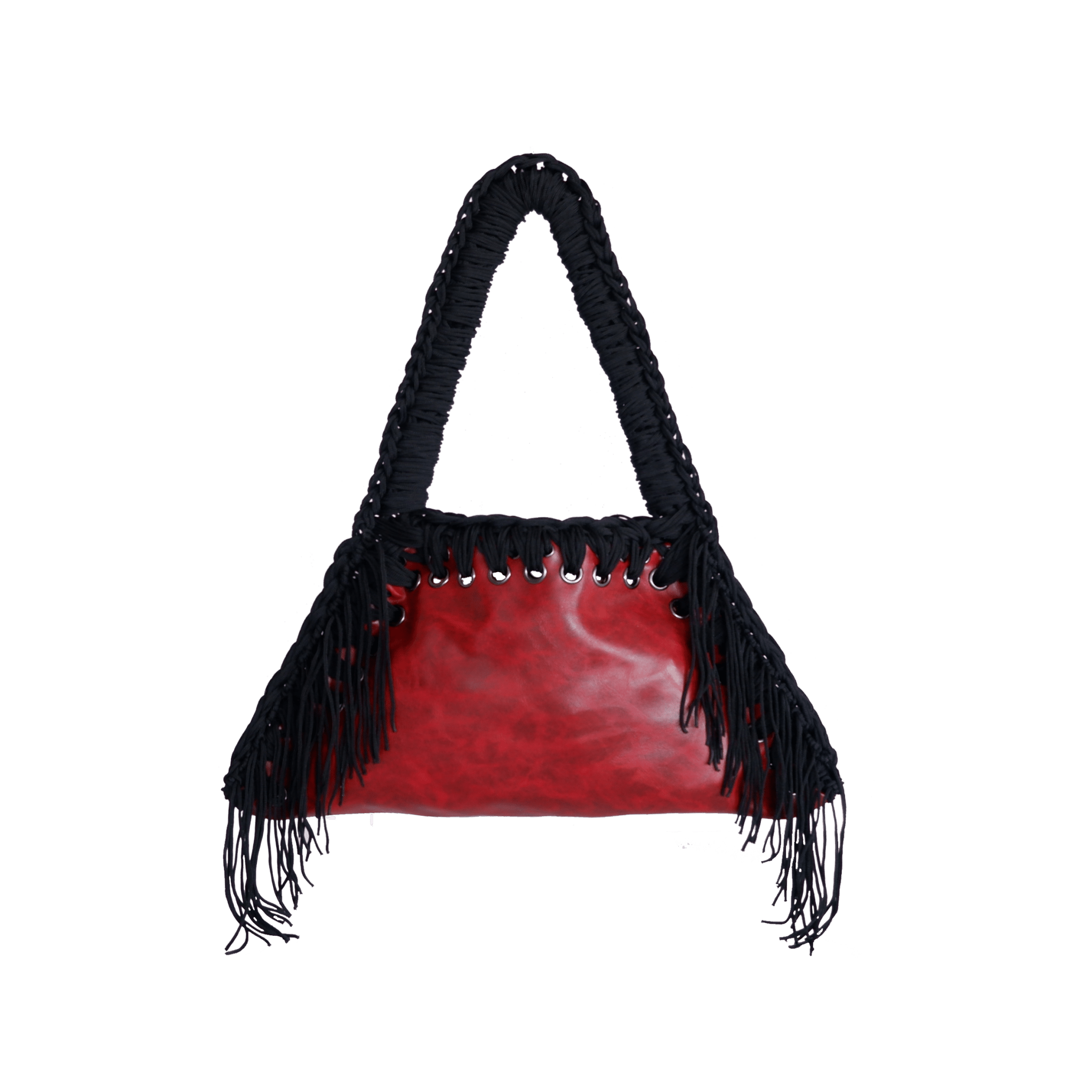 fronte borsa all'uncinetto fatta a mano modello MORGANA lava con frange laterali, similpelle effetto vintage rosso - MUSUBI