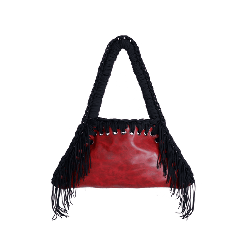 fronte borsa all'uncinetto fatta a mano modello MORGANA lava con frange laterali, similpelle effetto vintage rosso - MUSUBI