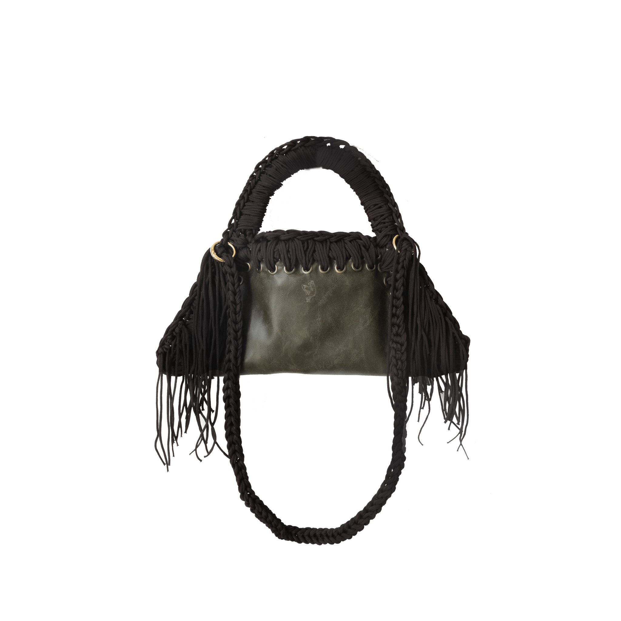 fronte borsa all'uncinetto fatta a mano modello MORGANA mini oliva con frange laterali, similpelle effetto vintage verde - MUSUBI