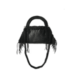 fronte borsa all'uncinetto fatta a mano modello MORGANA mini exuvia con frange laterali, similpelle nera stampata coccodrillo - MUSUBI