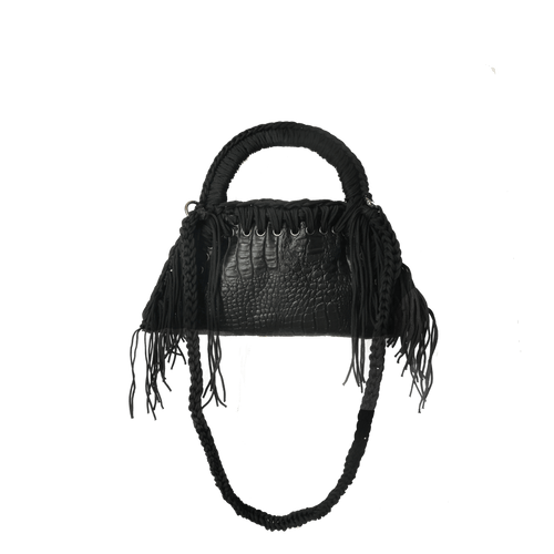 fronte borsa all'uncinetto fatta a mano modello MORGANA mini exuvia con frange laterali, similpelle nera stampata coccodrillo - MUSUBI