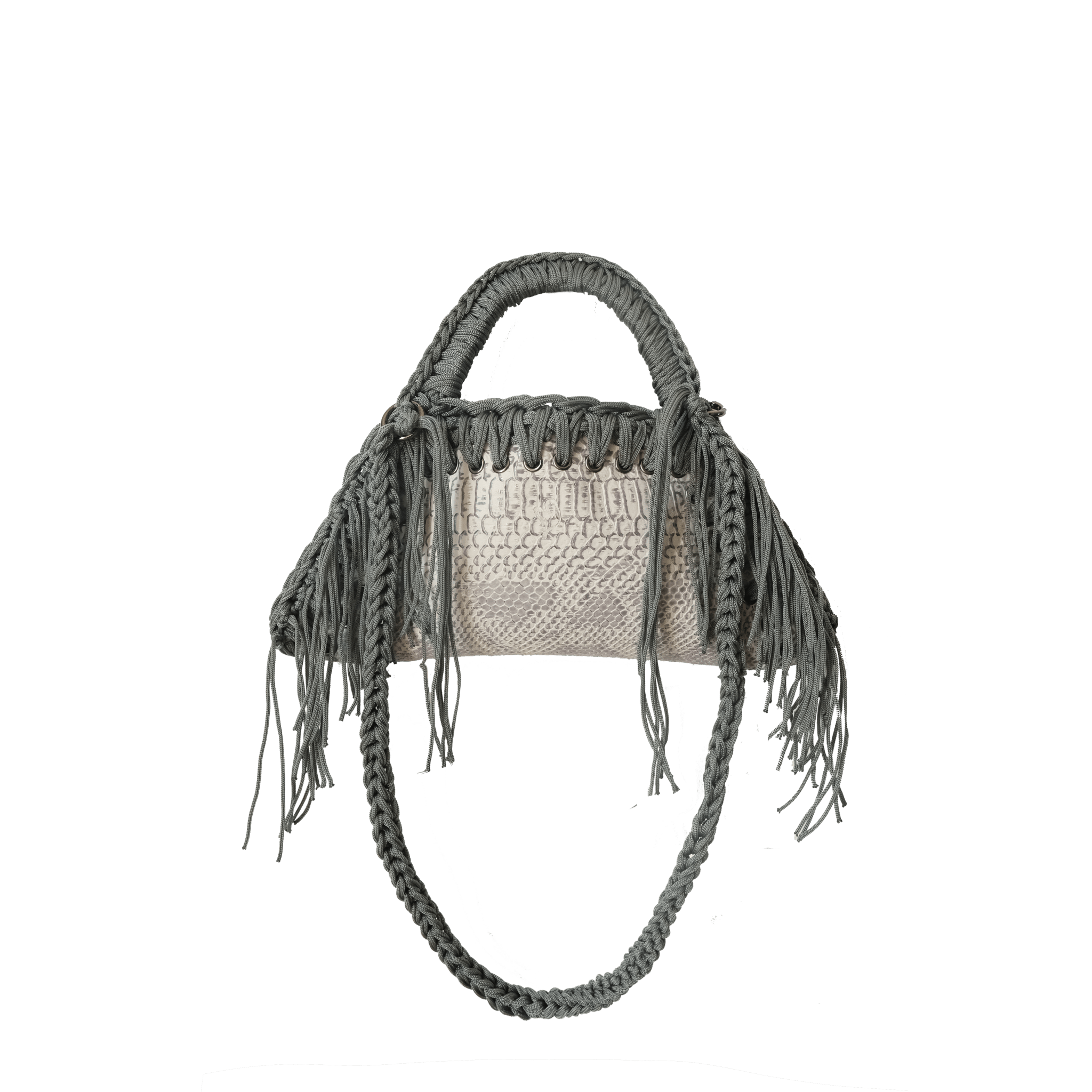 fronte borsa all'uncinetto fatta a mano modello MORGANA mini silver viper con frange laterali, similpelle stampata pitone - MUSUBI