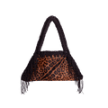 fronte borsa all'uncinetto fatta a mano modello MORGANA leoparda con frange laterali, ecopelle pattern leopardato - MUSUBI