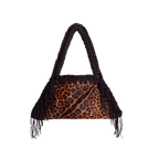 fronte borsa all'uncinetto fatta a mano modello MORGANA leoparda con frange laterali, ecopelle pattern leopardato - MUSUBI