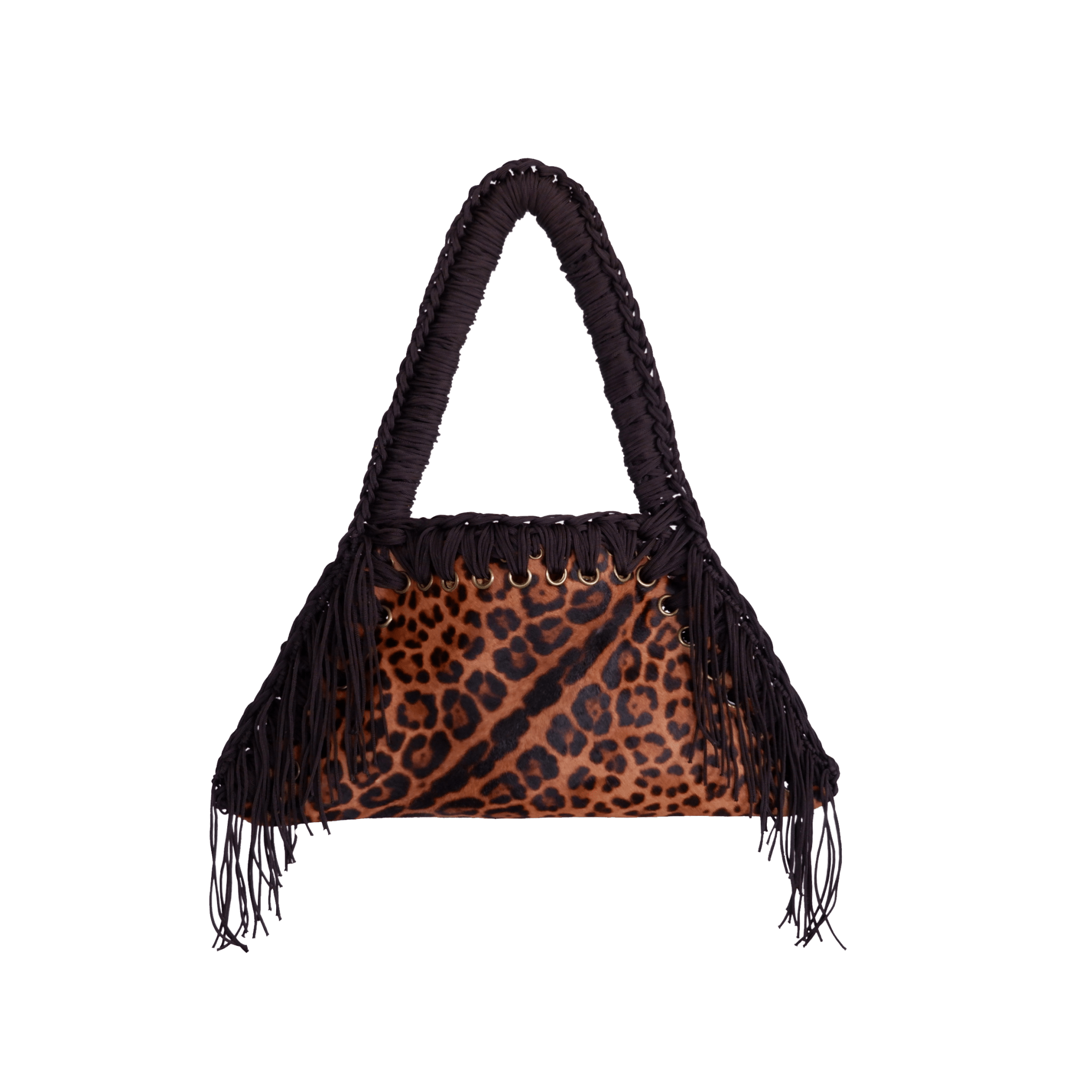 fronte borsa all'uncinetto fatta a mano modello MORGANA leoparda con frange laterali, ecopelle pattern leopardato - MUSUBI