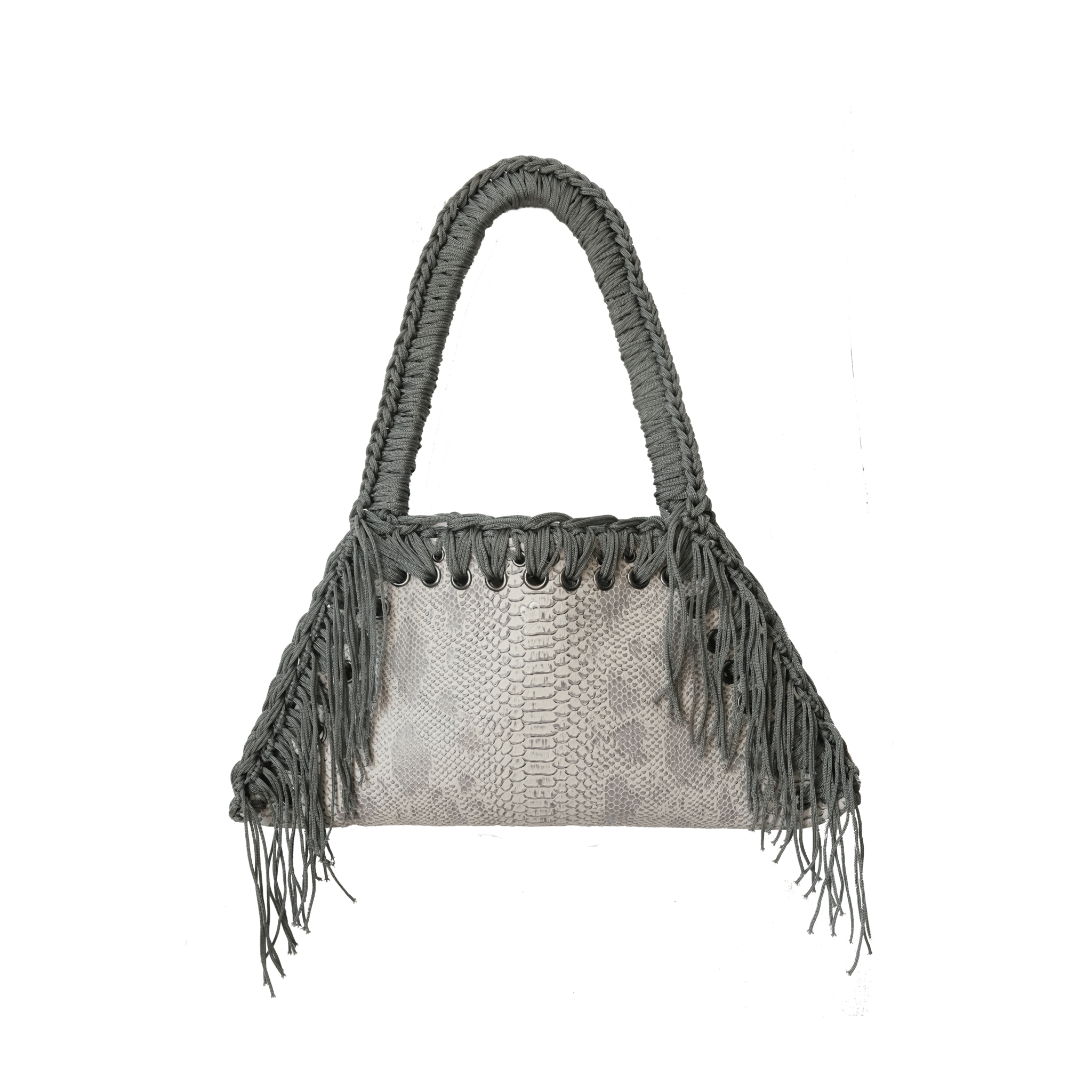 fronte borsa all'uncinetto fatta a mano modello MORGANA silver viper con frange laterali, similpelle stampata pitone - MUSUBI
