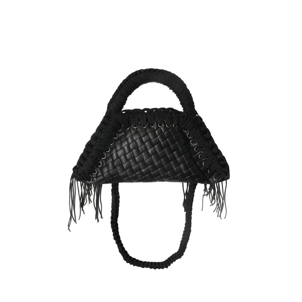 retro borsa all'uncinetto fatta a mano modello MORGANA mini quadra, similpelle intrecciata nera - MUSUBI