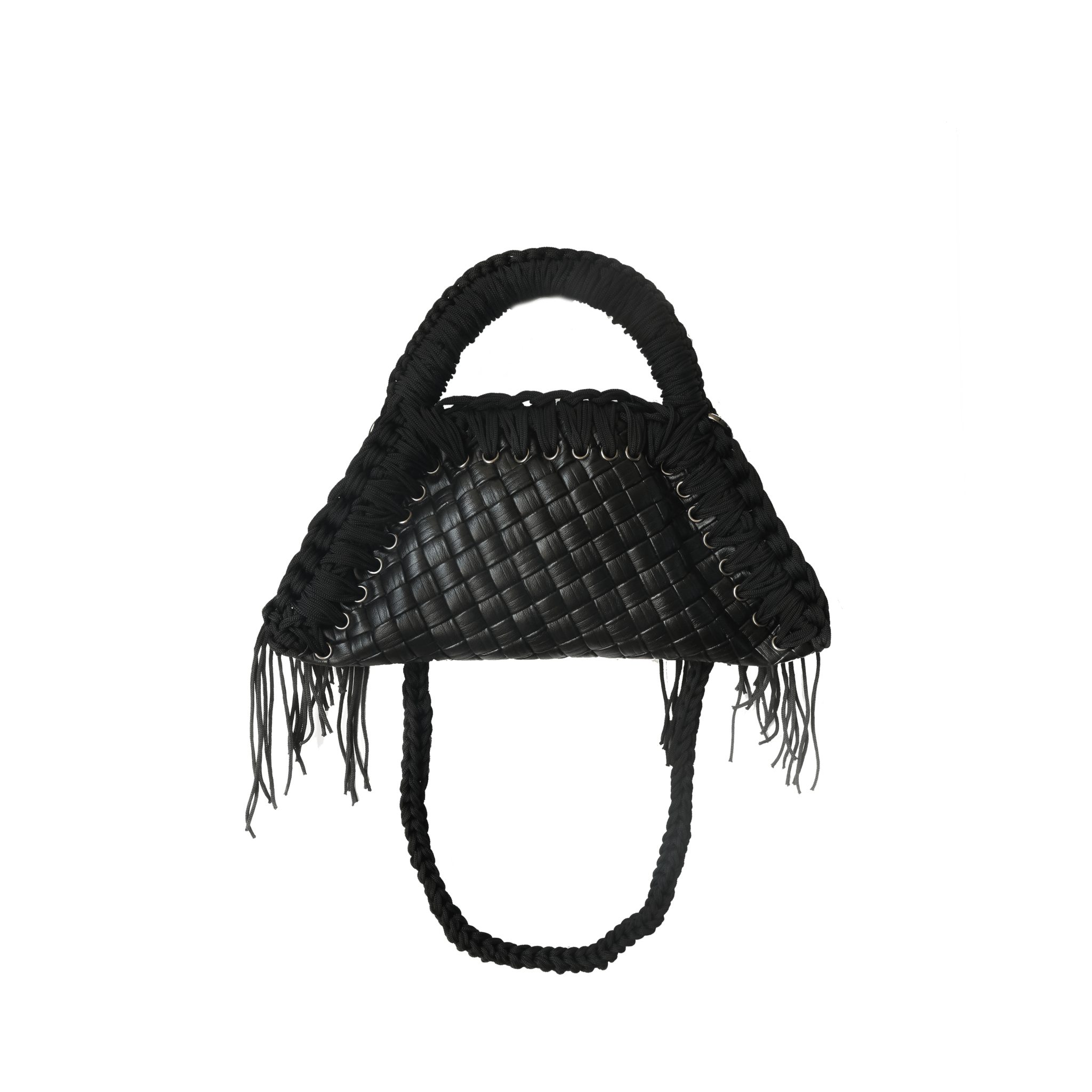 retro borsa all'uncinetto fatta a mano modello MORGANA mini quadra, similpelle intrecciata nera - MUSUBI