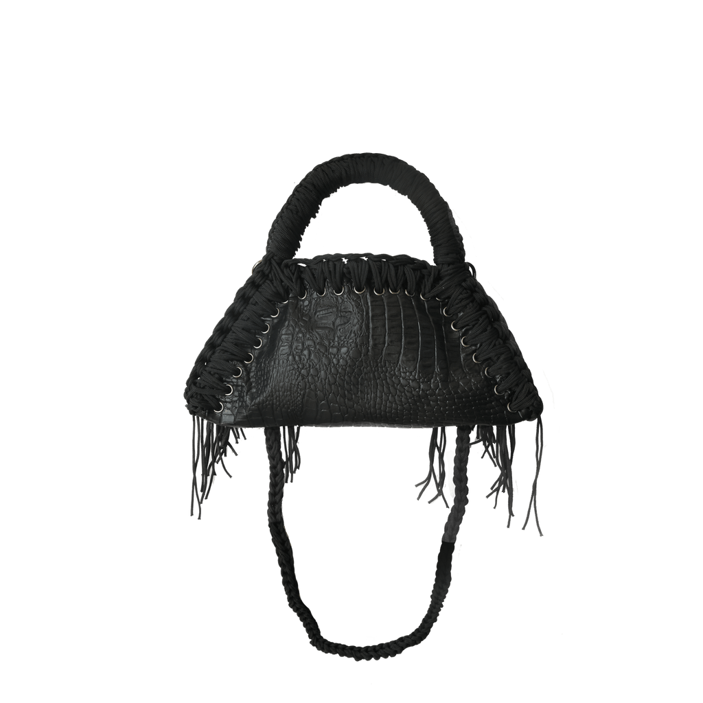 retro borsa all'uncinetto fatta a mano modello MORGANA mini exuvia, similpelle nera stampata coccodrillo - MUSUBI
