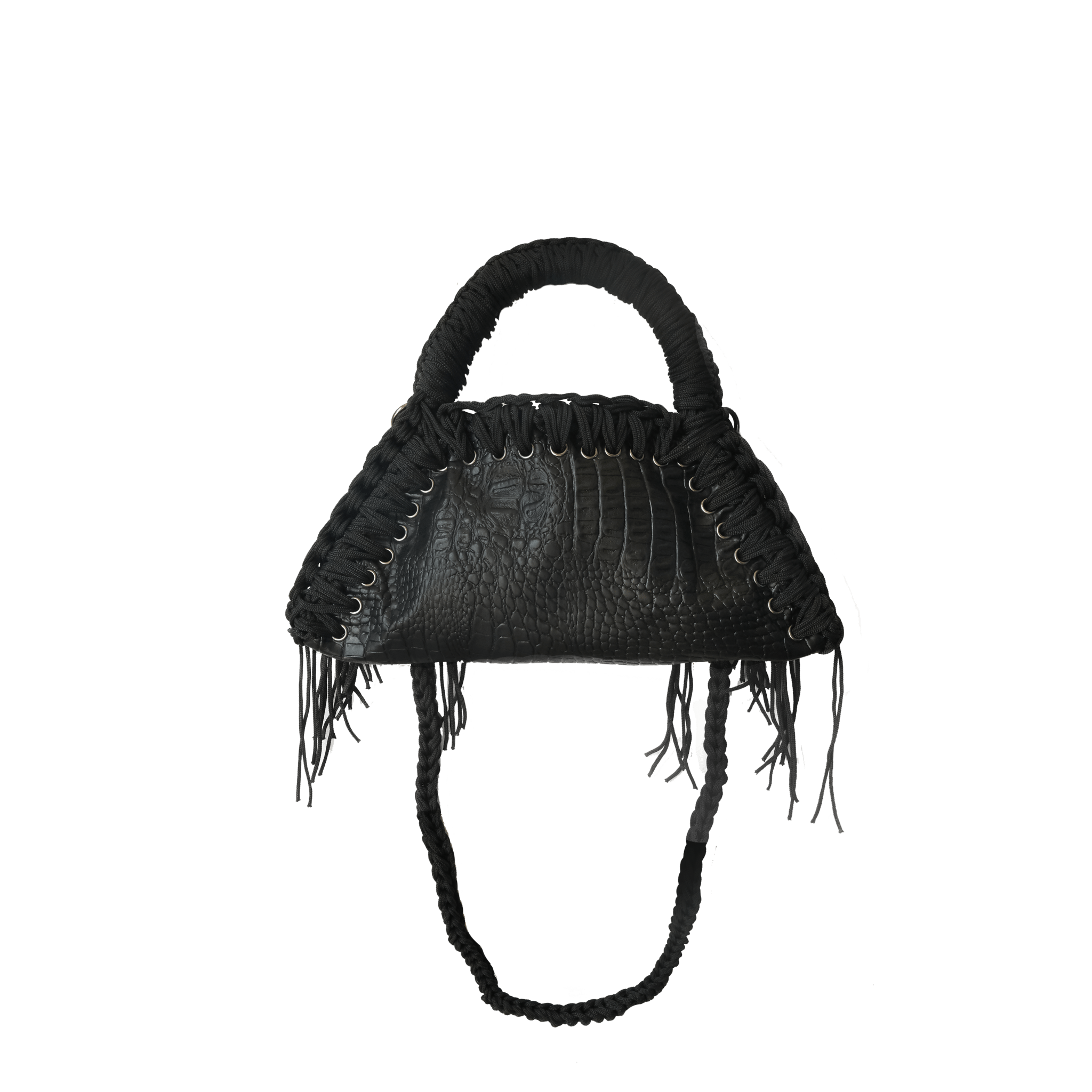 retro borsa all'uncinetto fatta a mano modello MORGANA mini exuvia, similpelle nera stampata coccodrillo - MUSUBI
