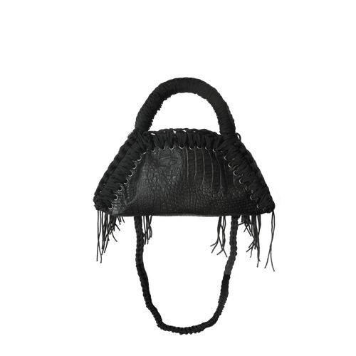 retro borsa all'uncinetto fatta a mano modello MORGANA mini exuvia, similpelle nera stampata coccodrillo - MUSUBI