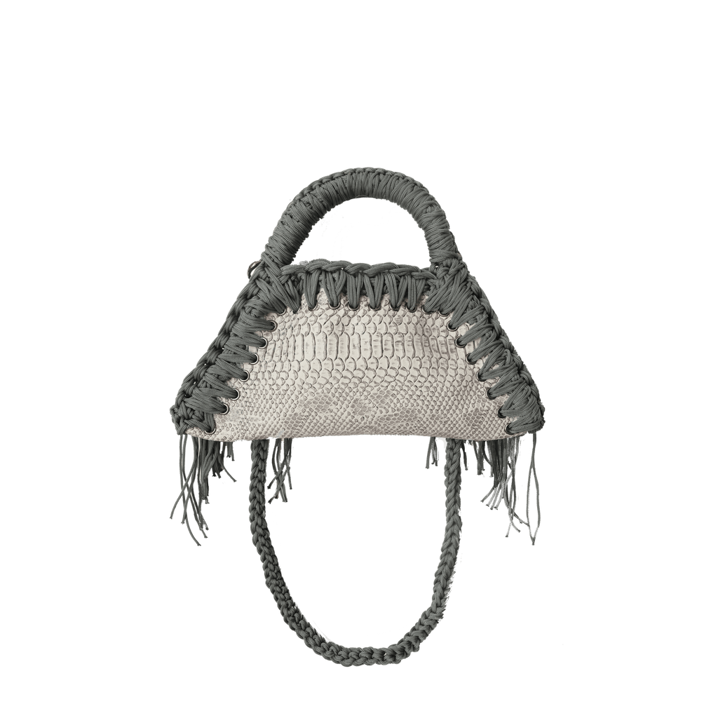 retro borsa all'uncinetto fatta a mano modello MORGANA mini silver viper, similpelle stampata pitone - MUSUBI