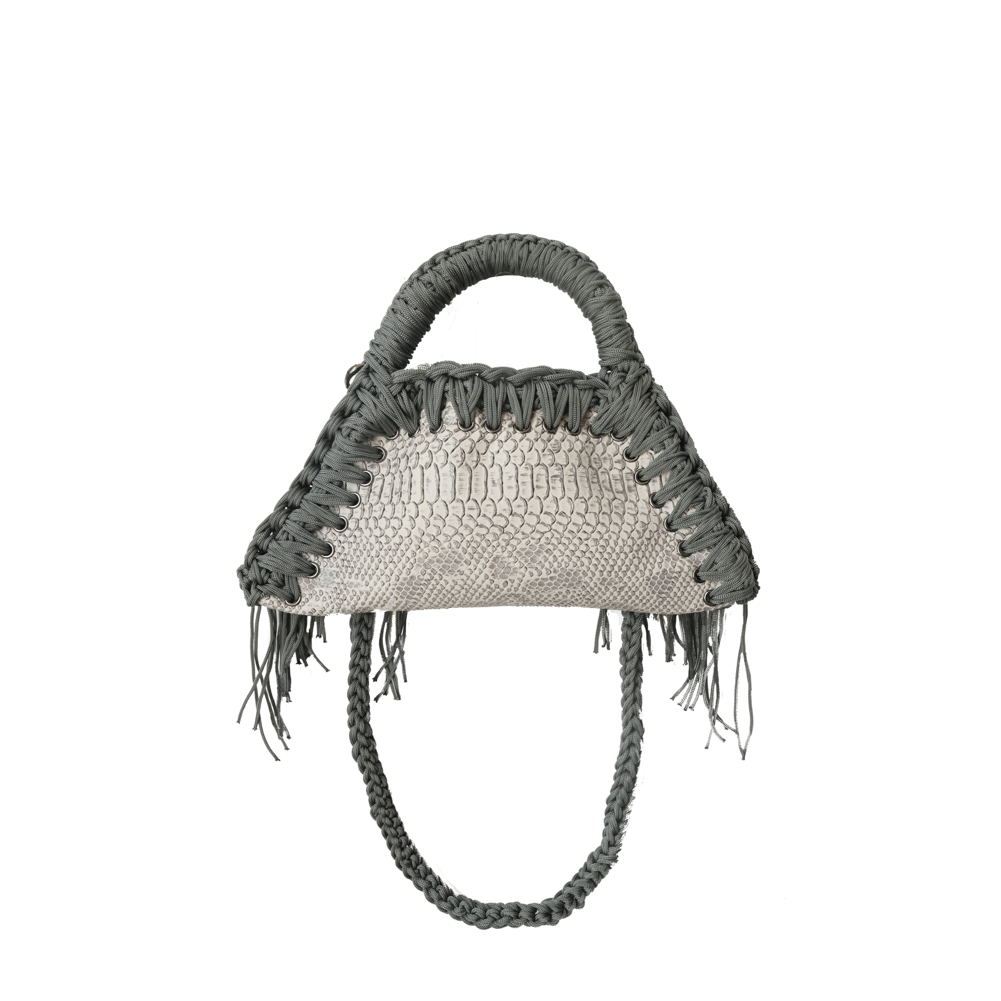 retro borsa all'uncinetto fatta a mano modello MORGANA mini silver viper, similpelle stampata pitone - MUSUBI