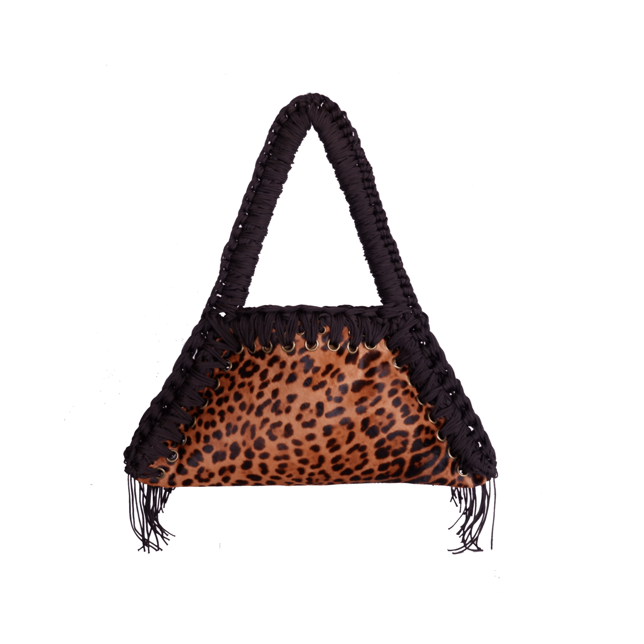 retro borsa all'uncinetto fatta a mano modello MORGANA leoparda, ecopelle pattern leopardato - MUSUBI