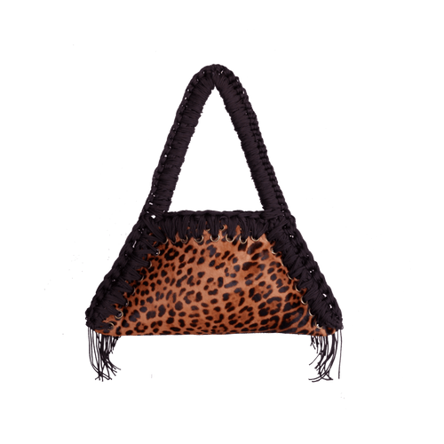 retro borsa all'uncinetto fatta a mano modello MORGANA leoparda, ecopelle pattern leopardato - MUSUBI