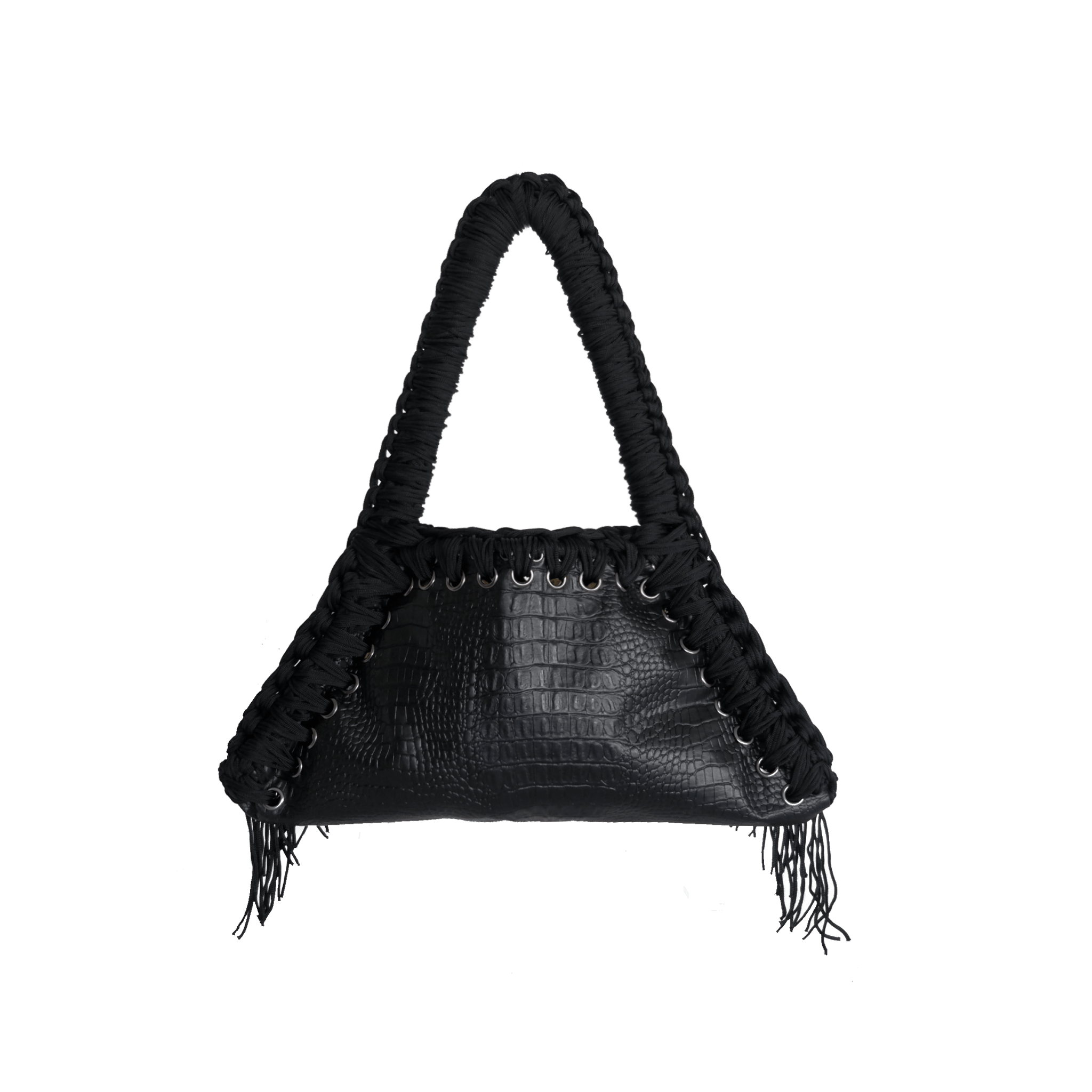 retro borsa all'uncinetto fatta a mano modello MORGANA exuvia, similpelle nera stampata coccodrillo - MUSUBI