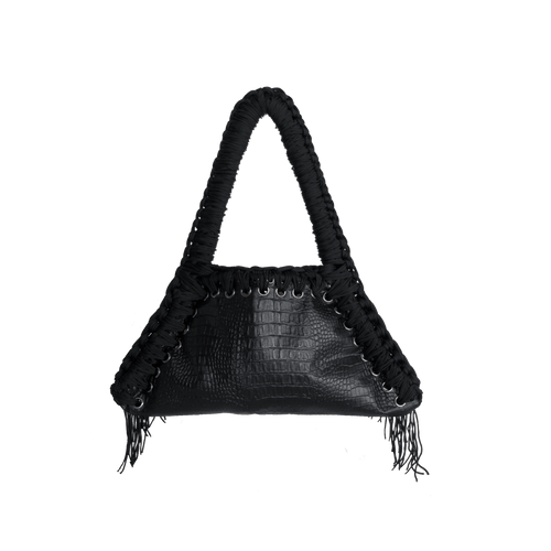 retro borsa all'uncinetto fatta a mano modello MORGANA exuvia, similpelle nera stampata coccodrillo - MUSUBI