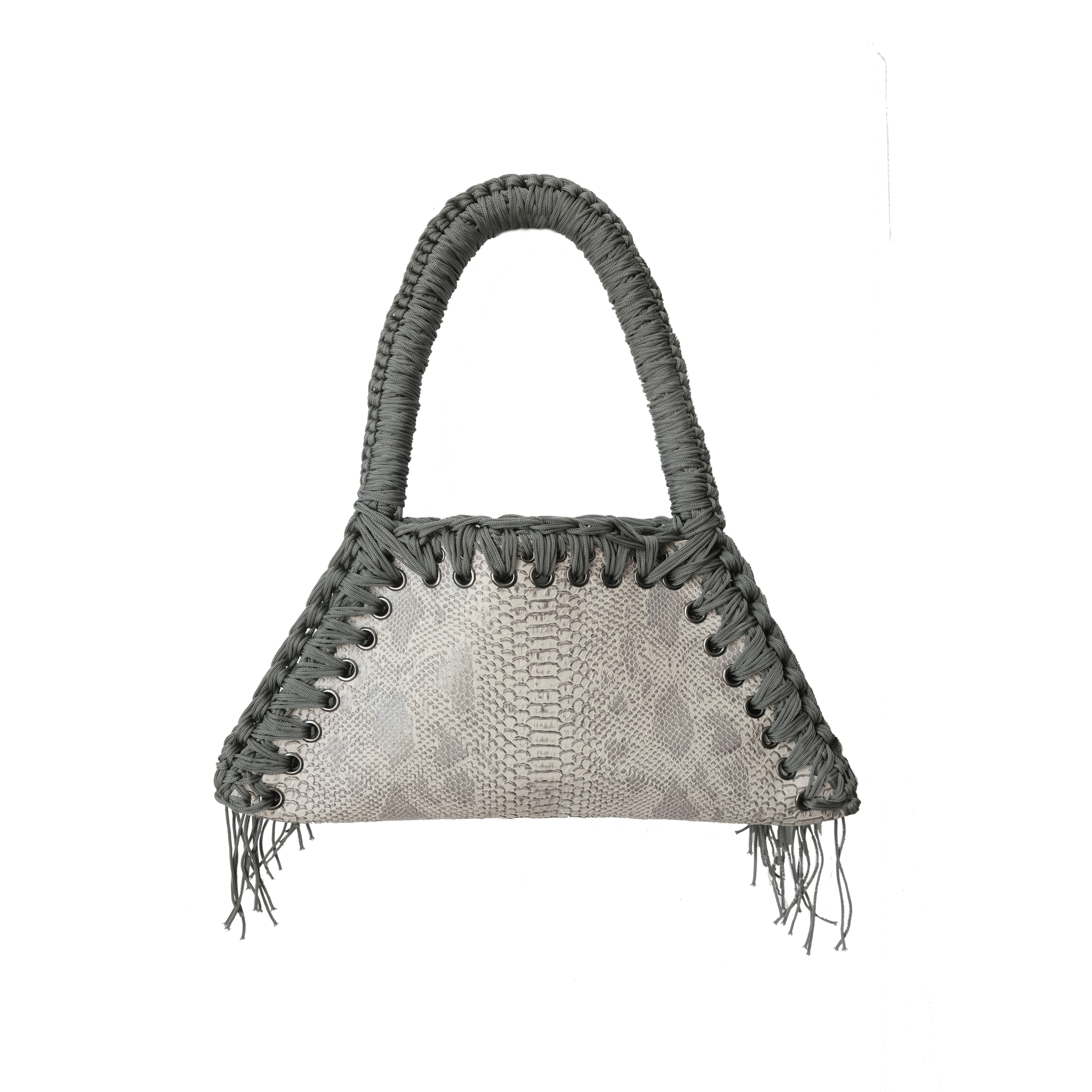 retro borsa all'uncinetto fatta a mano modello MORGANA silver viper, similpelle stampata pitone - MUSUBI
